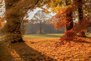 Warm Autumn Landscape with Fallen Orange Maple Leaves and Sunlight in a Park