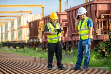 Communication in Industry: Engineer Talking on Phone, Another with Tablet at Railway Site Outdoor Engineering: Two Confident Engineers Standing and Planning Maintenance on Iron Train Tracks.