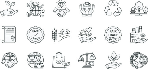 Sustainable fair trade and ethical business icon set in line art style on white background
