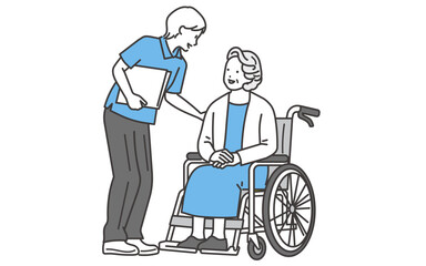 介護士と会話をするシニア女性のイラスト