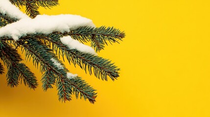 Festive winter background featuring a snow-covered evergreen branch against a vibrant yellow backdrop, ideal for holiday promotions