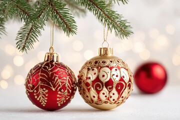 Festive Christmas Ornaments Hanging from Evergreen Branch with Bokeh Lights Background, Holiday Season Celebration