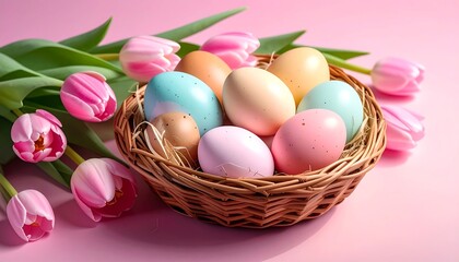 Pastel Easter eggs nestle in a wicker basket, surrounded by soft pink tulips against a light pink background