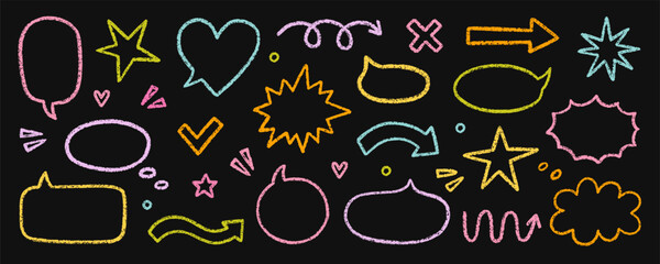 Chalk pencil speech bubbles, arrows and ribbons doodle set. Crayon communication frame, comic talk balloon in sketch style, Grunge texture. Hand drawn vector illustration isolated on white background