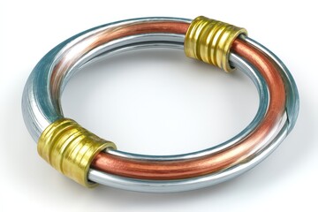 Circular metal connector composed of blue copper and gold designed for technical applications showcasing an innovative and artistic approach to hardware engineering