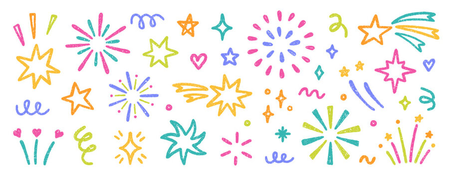 Chalk fireworks, crayon sparkling stars doodle set. Kids pencil color firecracker, confetti, sunburst, explosion in sketch style. Grunge texture. Hand drawn illustration isolated on white background
