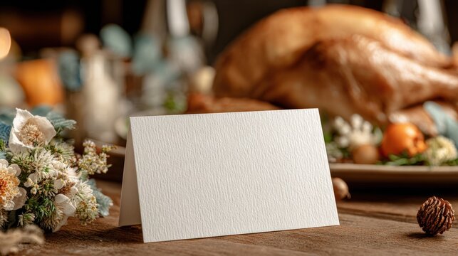 Festive Thanksgiving Table Setting with a Blank Card for Customization, Featuring Turkey and Floral Arrangement