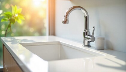 Sparkling clean kitchen surfaces with sunlight reflecting off polished chrome and spotless white countertops, implying recent deep cleaning. Minimalist design. Sunlight glinting off a perfectly