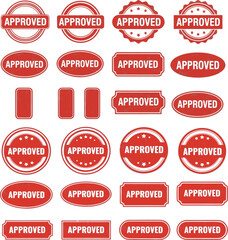 Obraz premium Large collection of red APPROVED stamps vector badges seals certification symbols on white background
