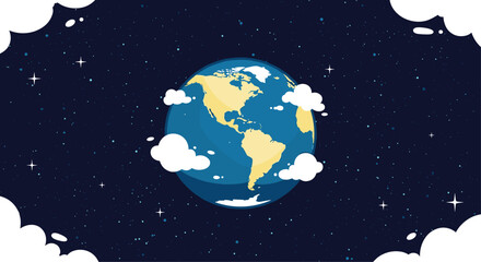 Earth Globe Surrounded by Clouds and Stars in Space.