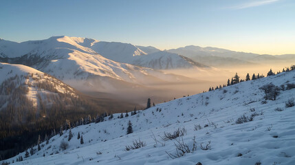 &ldquo;Serene Peaks: Misty Valley and Pale Sky&rdquo;