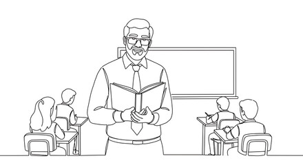 A teacher stands in front of a classroom holding an open book, with students seated at desks behind him.