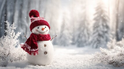 Obraz premium Charming Snowman with Red Scarf and Hat in Winter Wonderland Forest Scene for Holiday Concepts