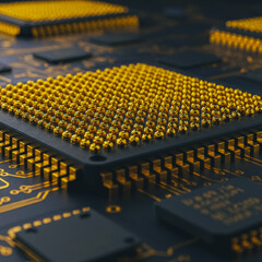 Close-up view of a high-tech central processing unit (CPU), showcasing its intricate golden components against a dark, futuristic circuit board background.