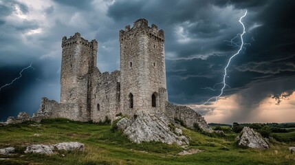 Dramatic Castle Ruins Under Dark Stormy Sky with Lightning Strikes