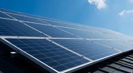 Solar panels on rooftop generating clean energy under a bright blue sky