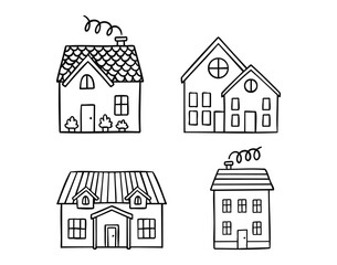 Row of cozy houses line art outline, monochrome hand drawn.