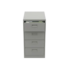 Grey four-drawer metal filing cabinet with open top