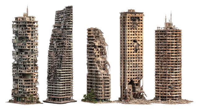 Set of Ruined Skyscrapers Isolated on transparent background Remove png, Clipping Path, pen tool - Powered by Adobe