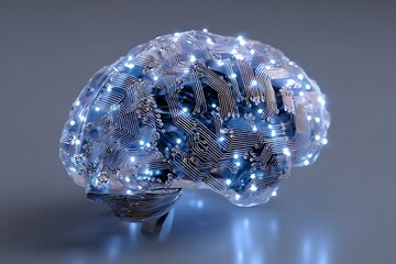 A digital brain with glowing nodes and circuit patterns against a grey gradient background image
