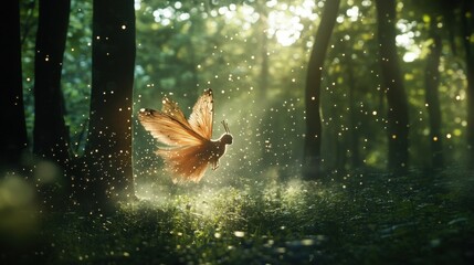 Magical fairy dancing in a sunlit forest, surrounded by sparkles and greenery, creating a whimsical scene of enchantment and nature.