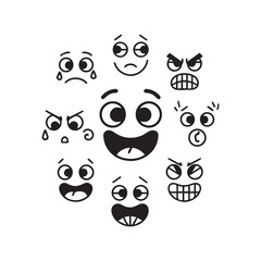 Black Vector Illustration of Cartoon Emotion Faces Displaying Diverse Expressions in Circular Arrangement. 