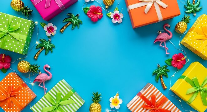 Tropical Gift Celebration - Vibrant Presents and Festive Decorations on Blue.