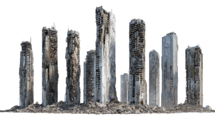Set of Ruined Skyscrapers Isolated on transparent background Remove png, Clipping Path, pen tool
