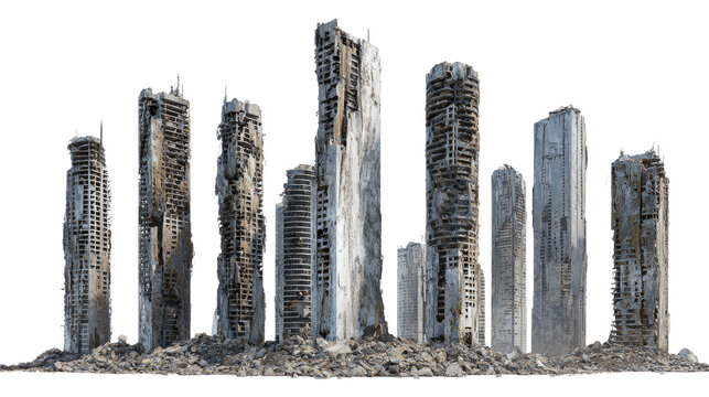 Set of Ruined Skyscrapers Isolated on transparent background Remove png, Clipping Path, pen tool - Powered by Adobe