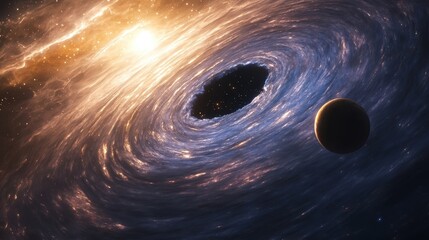 A stunning view of a swirling galaxy and black hole beside a distant planet in the vast cosmos. Explore the wonders of space.