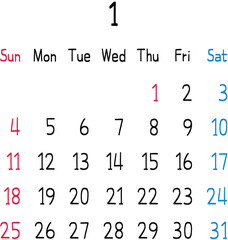 2026년 월별 달력 양식-1월