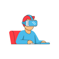 Man wearing virtual reality headset sitting at desk interacting with digital world, experiencing immersive technology in modern office, innovative and futuristic.