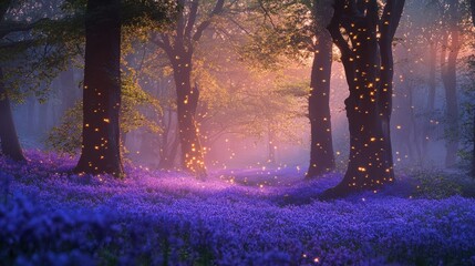 Enchanting forest filled with blooming purple flowers and glowing lights. A magical scene comes alive in the soft morning mist.