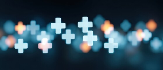 Fototapeta premium Glowing medical cross bokeh floating in dark space creating abstract healthcare network mood and soft blue orange light