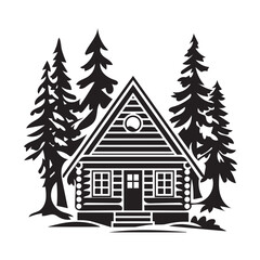 Naklejka premium Bold Black and White Stencil Illustration of Rustic A-Frame Log Cabin in Forest Scene.