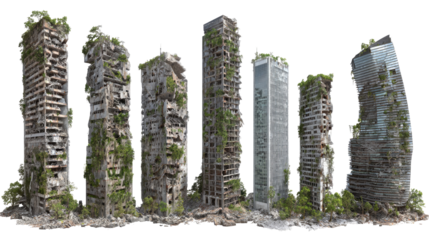 Set of Ruined Skyscrapers Isolated on transparent background Remove png, Clipping Path, pen tool