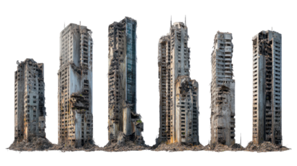 Set of Ruined Skyscrapers Isolated on transparent background Remove png, Clipping Path, pen tool