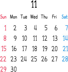 2026년 월별 달력 양식-11월