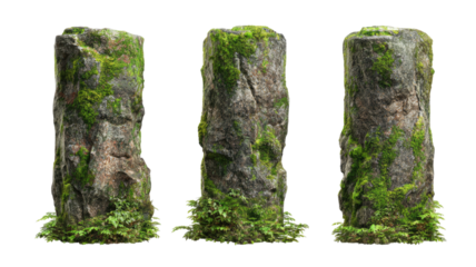 stone pillars covered with green moss ancient ruins weathered architecture natural surface texture aged monument isolated on white background