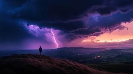 A lone figure stands on a hill under dark clouds, as lightning strikes and colors blend at sunset, creating a dramatic landscape scene.