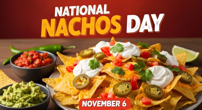 National nachos day celebration with a large plate of delicious nachos, salsa, and guacamole on november 6th - Powered by Adobe