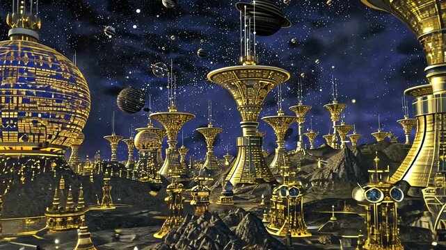 Futuristic Space Cityscape with Golden Architectural Structures Under Starry Night Sky