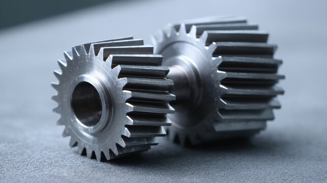 Precision metal spur gear pair on textured surface showing close up teeth and shaft detail with cool lighting and industrial mood