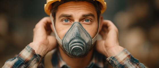 Construction worker wearing respirator mask and safety helmet adjusting strap while on site, focused and determined expression in warm light