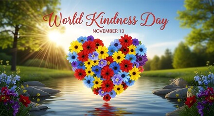 Heart made of colorful flowers in a stream on world kindness day with sun rays and trees in the background