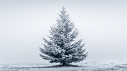 Solitary Spruce Tree Covered in Snow, Standing Proudly in a Winter Landscape Against a Misty Sky