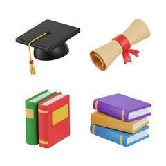 Education 3D Icon Set – Graduation Cap, Diploma, Books, University