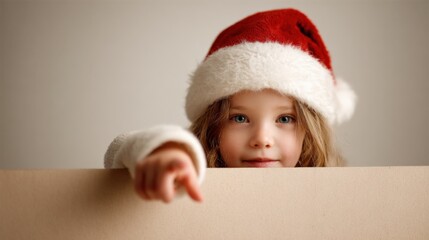 Adorable Little Girl Wearing Santa Hat Pointing with Festive Cheer for Christmas Holiday