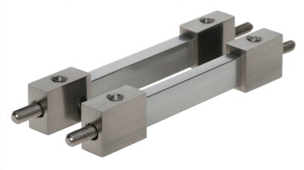 Obraz premium Polished metal heat seal jaws assembled on parallel rectangular bars with threaded studs and square end blocks creating industrial mechanical assembly with reflective stainless finish