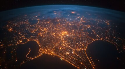 Aerial view of city lights glowing at night over Europe from space. A breathtaking sight of urban life below.
